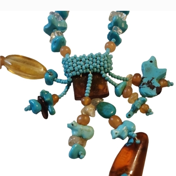 Vintage Native American Turquoise and Amber Beaded Lariat Fetish Bear Necklace - Picture 4 of 14